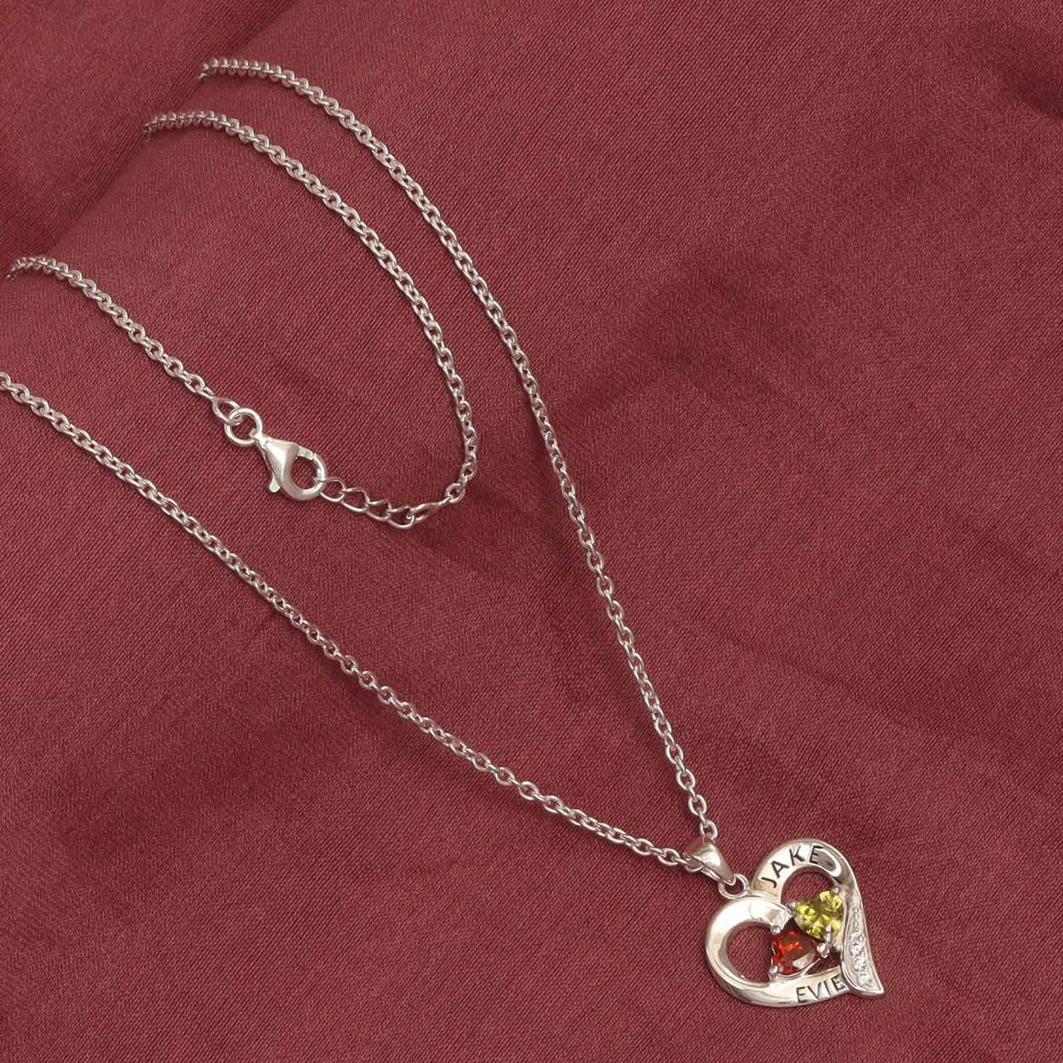 Personalised 2 Names with 2 Heart Birthstone Couple Pendant Necklace with Personalised Message Box for Women and Teen