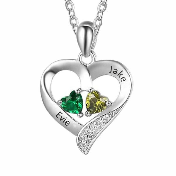Personalised 2 Names with 2 Heart Birthstone Couple Pendant Necklace for Women and Teen