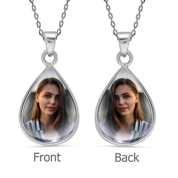 925 Sterling Silver Personalised Photo Double Sided Picture Drop Shape Transparent Resin Pendant Necklace with Personalised Message Box for Teen Women