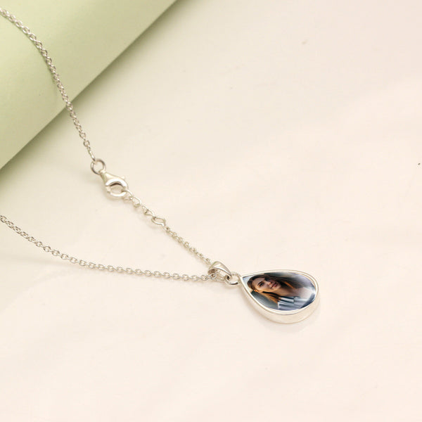 925 Sterling Silver Personalised Photo Double Sided Picture Drop Shape Transparent Resin Pendant Necklace with Personalised Message Box for Teen Women