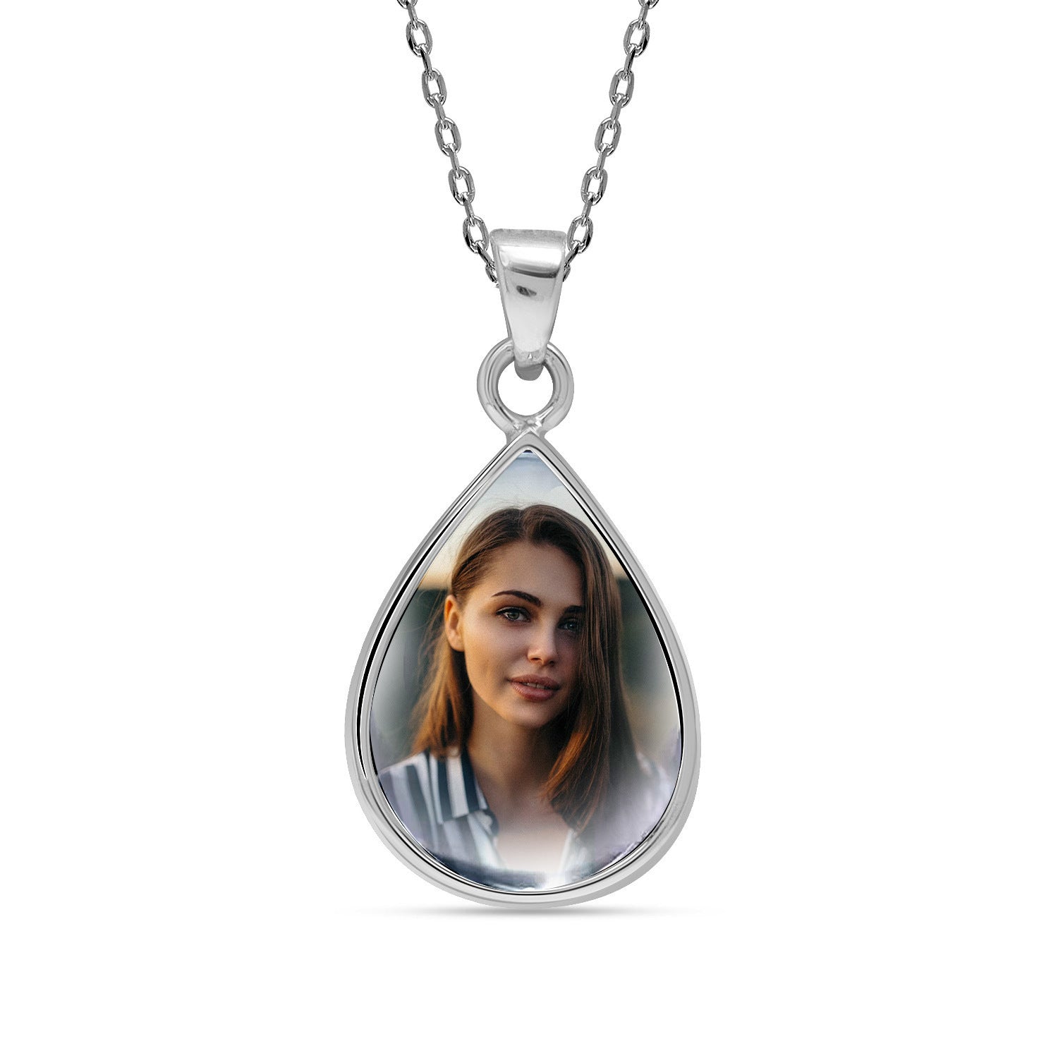 925 Sterling Silver Personalised Photo Double Sided Picture Drop Shape Transparent Resin Pendant Necklace with Personalised Message Box for Teen Women