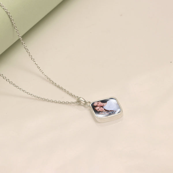 925 Sterling Silver Personalised Photo Double Sided Picture Square Shape Transparent Resin Pendant Necklace for Teen Women