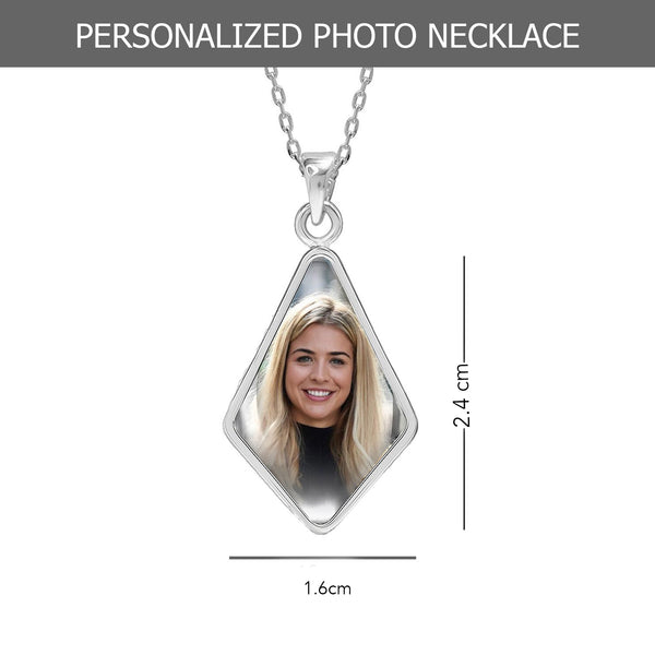 925 Sterling Silver Personalised Photo Double Sided Picture Rhombus Shape Transparent Resin Pendant Necklace for Teen Women