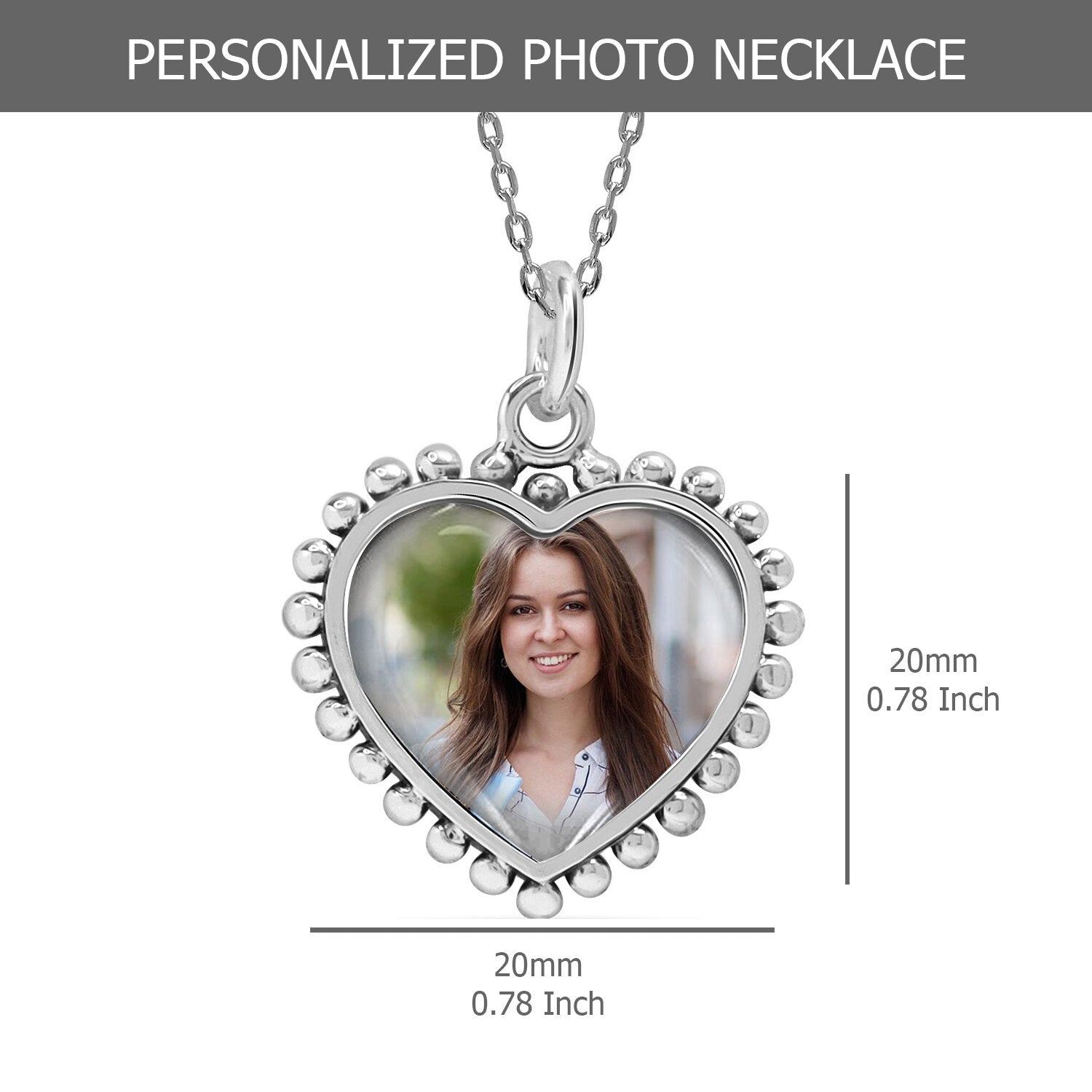 925 Sterling Silver Personalised Double Sided Beaded Heart Photo Custom Picture Granuals Transparent Resin Pendant Necklace for Teen Women