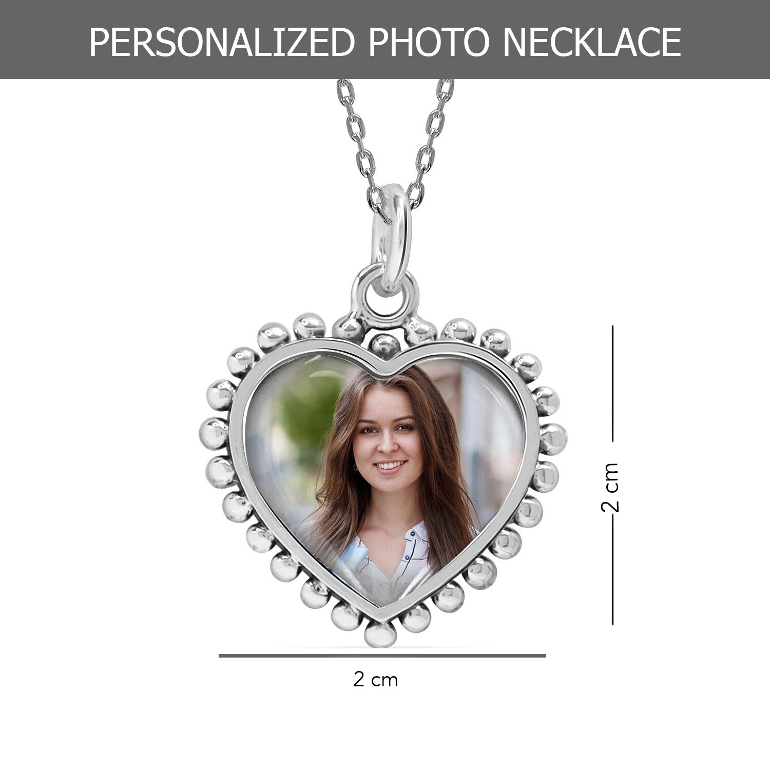 925 Sterling Silver Personalised Double Sided Beaded Heart Photo Custom Picture Granuals Transparent Resin Pendant Necklace for Teen Women