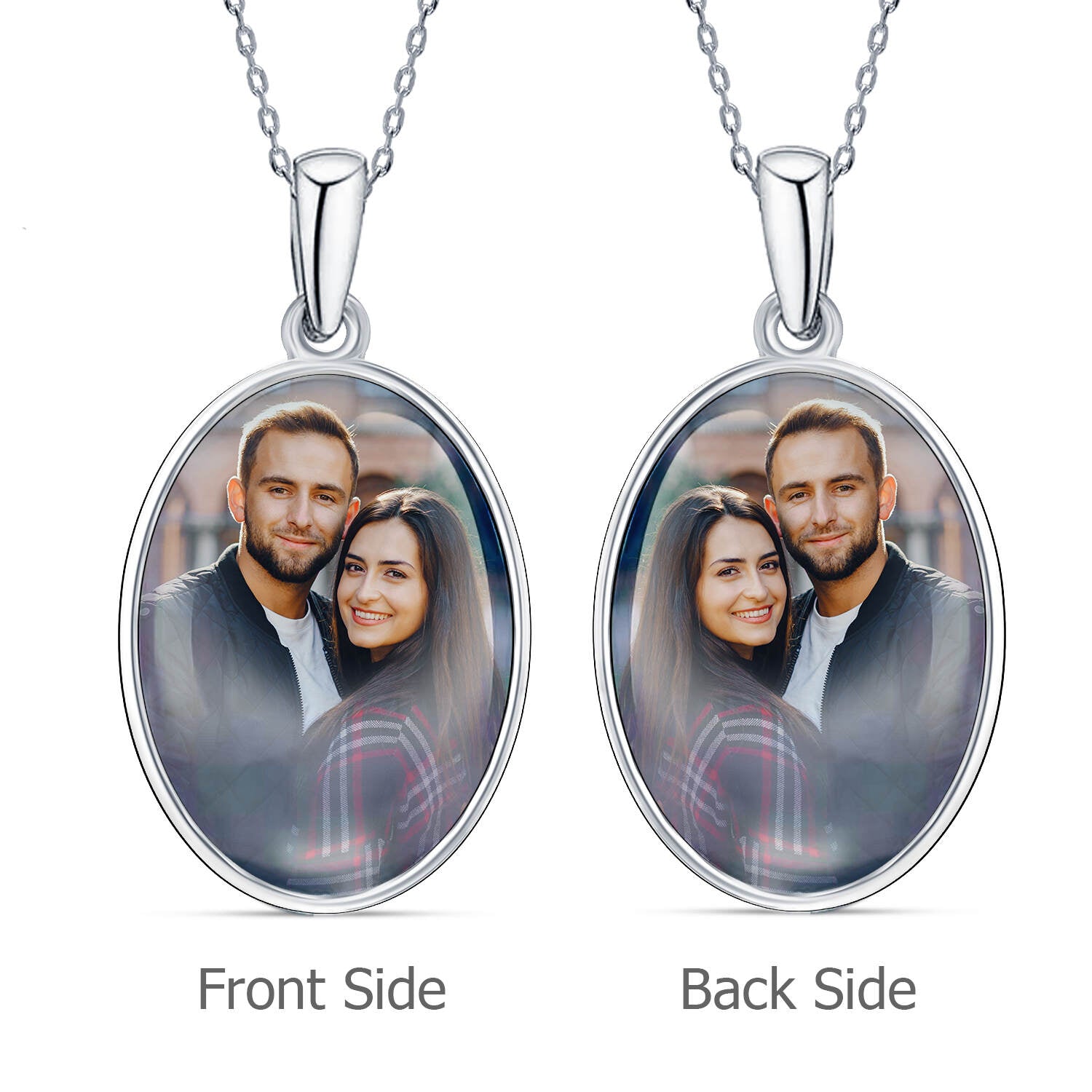 925 Sterling Silver Personalised Double Sided Oval Photo Custom Picture Transparent Resin Pendant Necklace for Teen Women