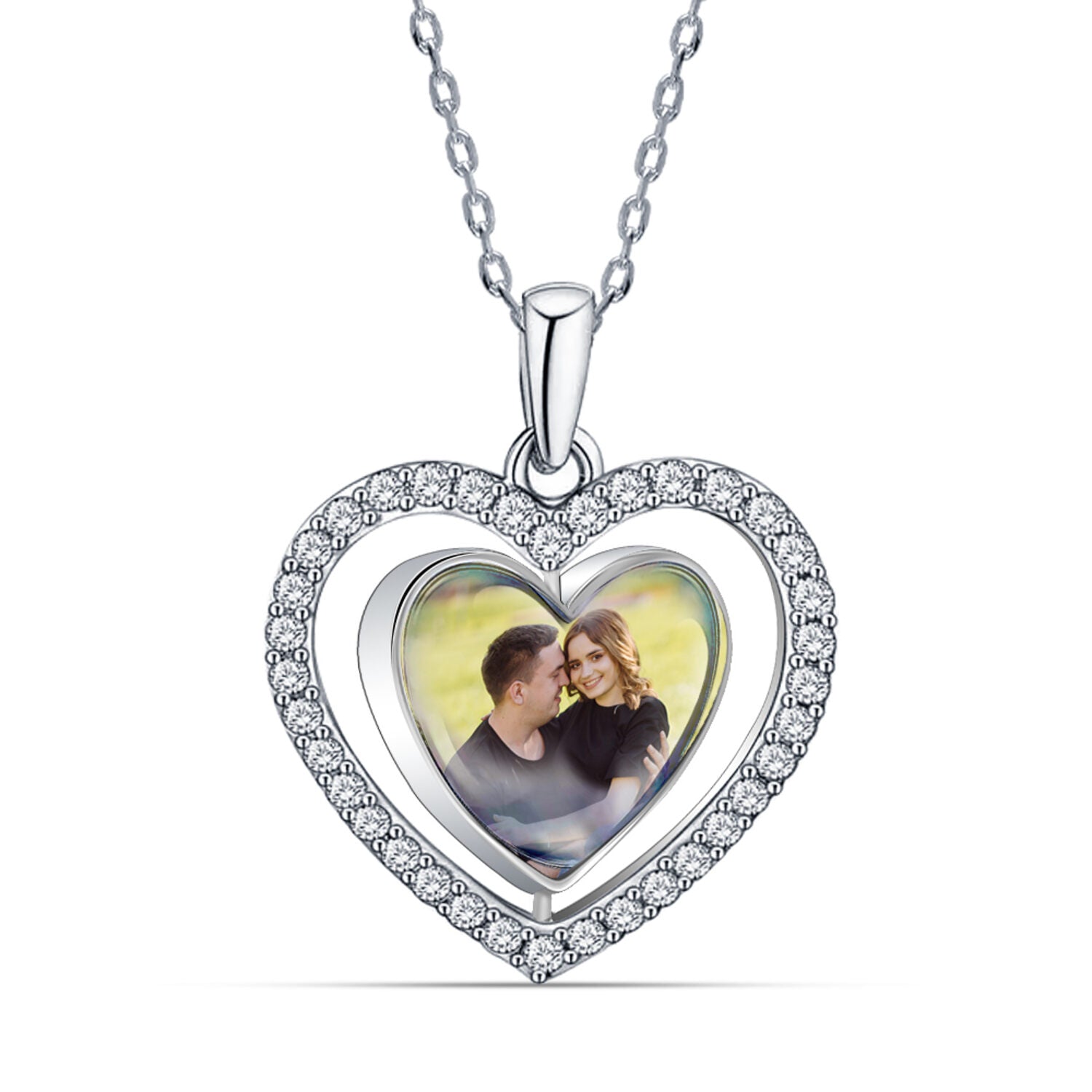 925 Sterling Silver Personalised Double Sided Picture Rotating Custom Photo Heart Shape Transparent Resin Pendant Necklace with Personalised Photo & Message BOX for Teen Women