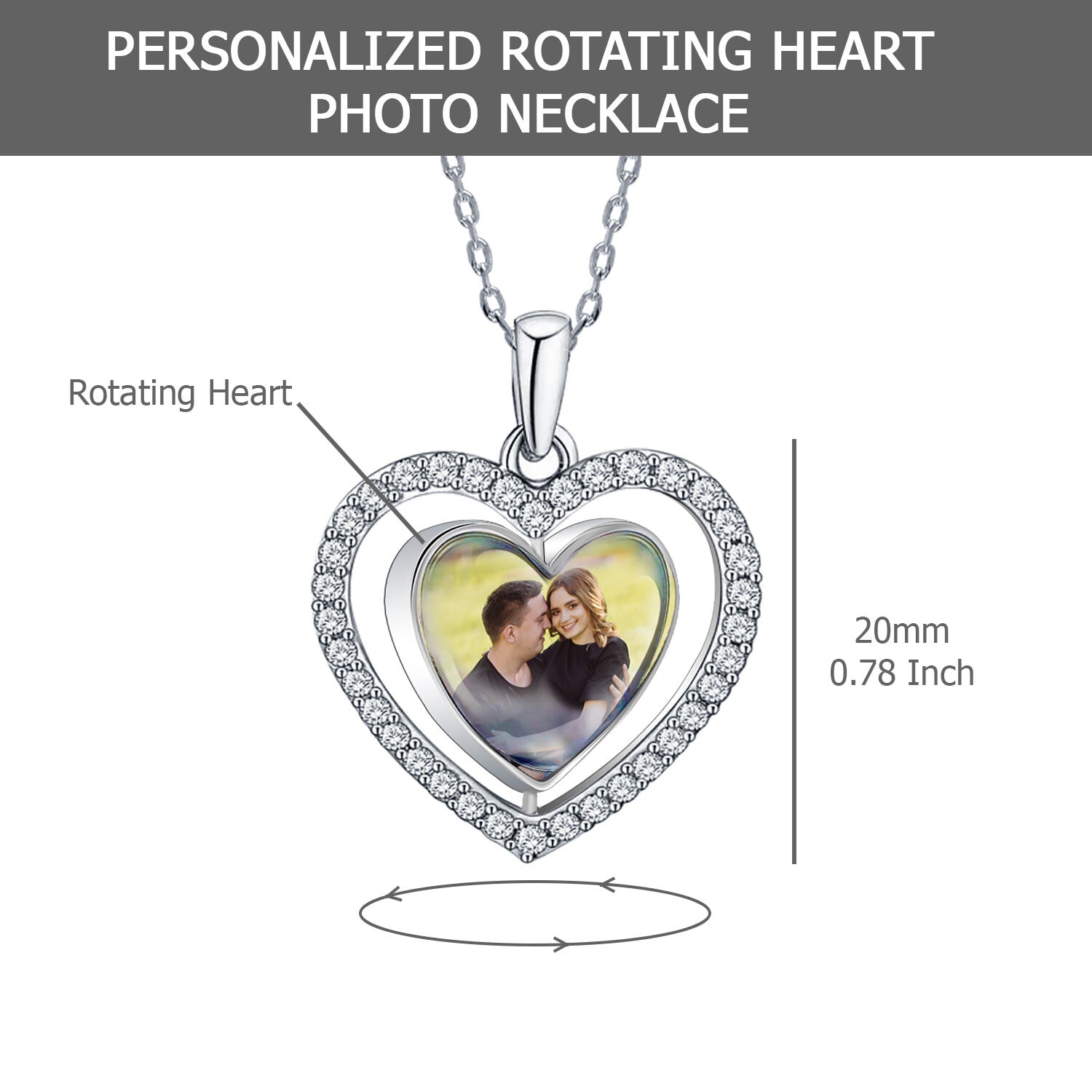 925 Sterling Silver Personalised Double Sided Picture Rotating Custom Photo Heart Shape Transparent Resin Pendant Necklace for Teen Women