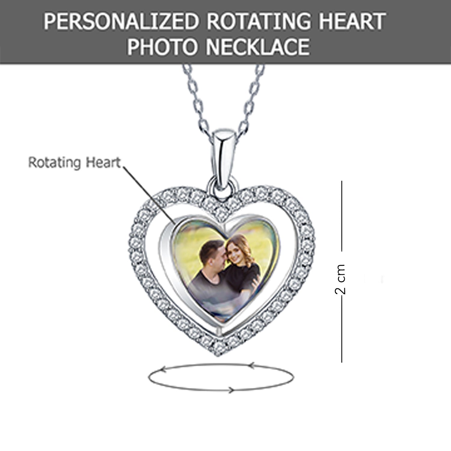 925 Sterling Silver Personalised Double Sided Picture Rotating Custom Photo Heart Shape Transparent Resin Pendant Necklace for Teen Women