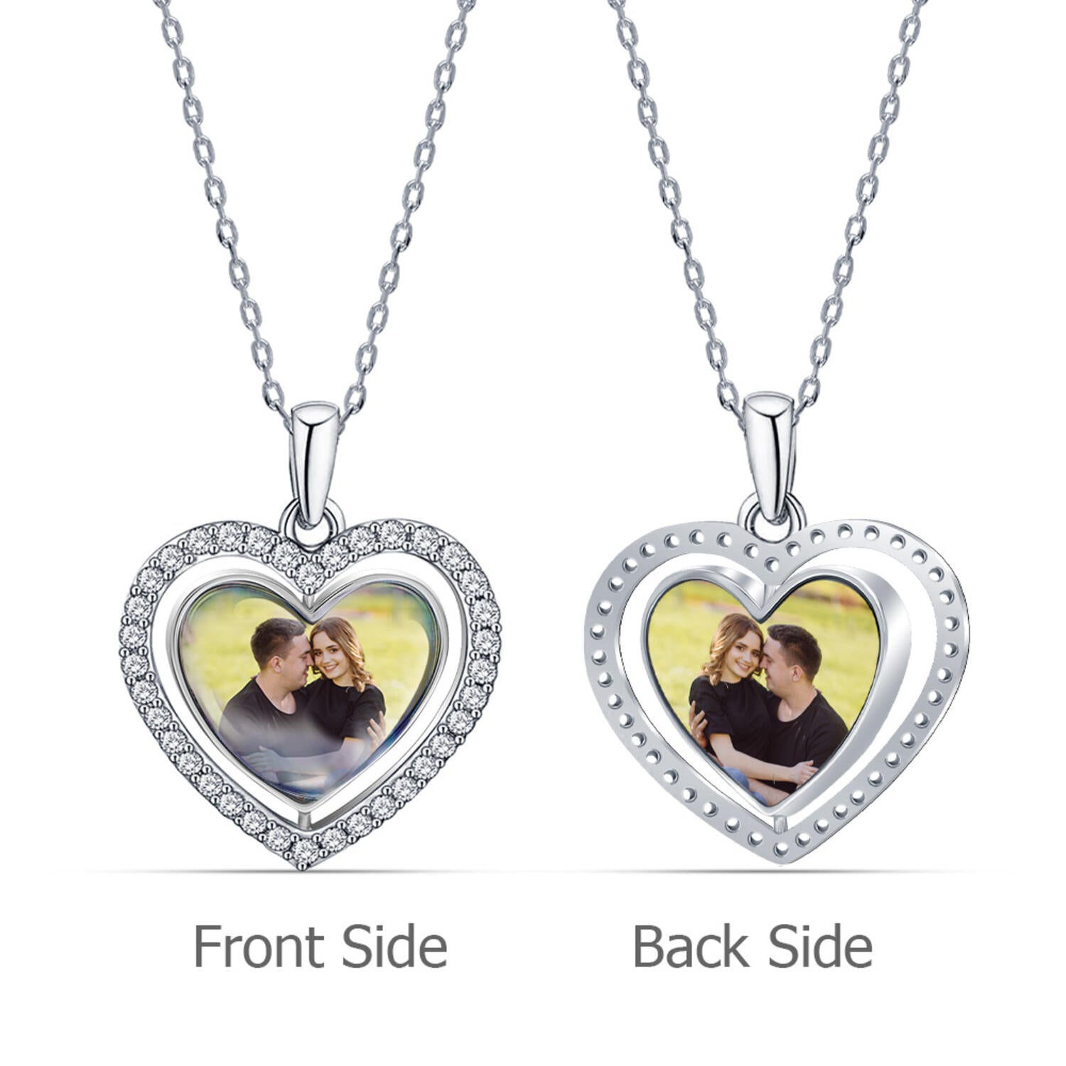 925 Sterling Silver Personalised Double Sided Picture Rotating Custom Photo Heart Shape Transparent Resin Pendant Necklace with Personalised Photo & Message BOX for Teen Women