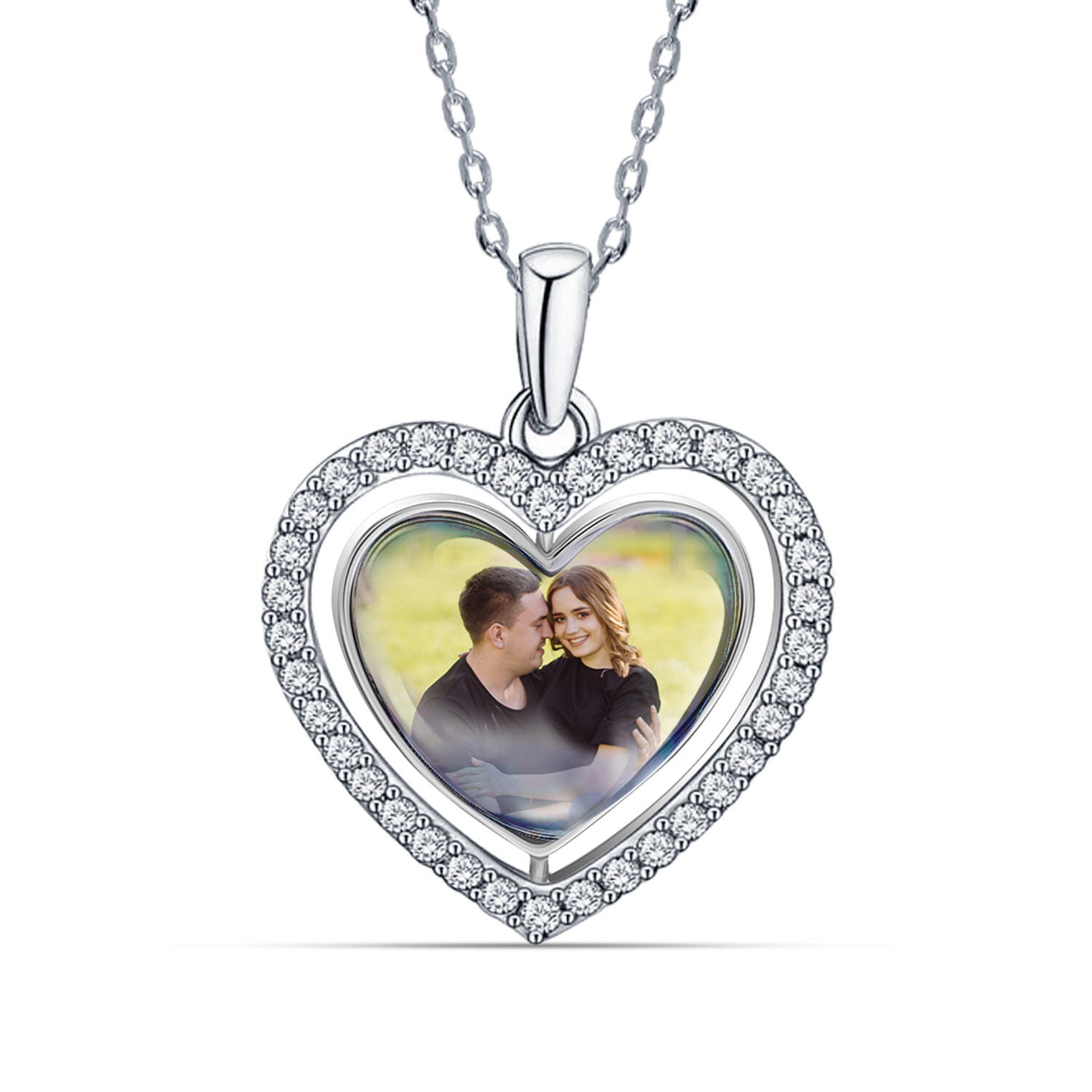 925 Sterling Silver Personalised Double Sided Picture Rotating Custom Photo Heart Shape Transparent Resin Pendant Necklace with Personalised Photo & Message BOX for Teen Women