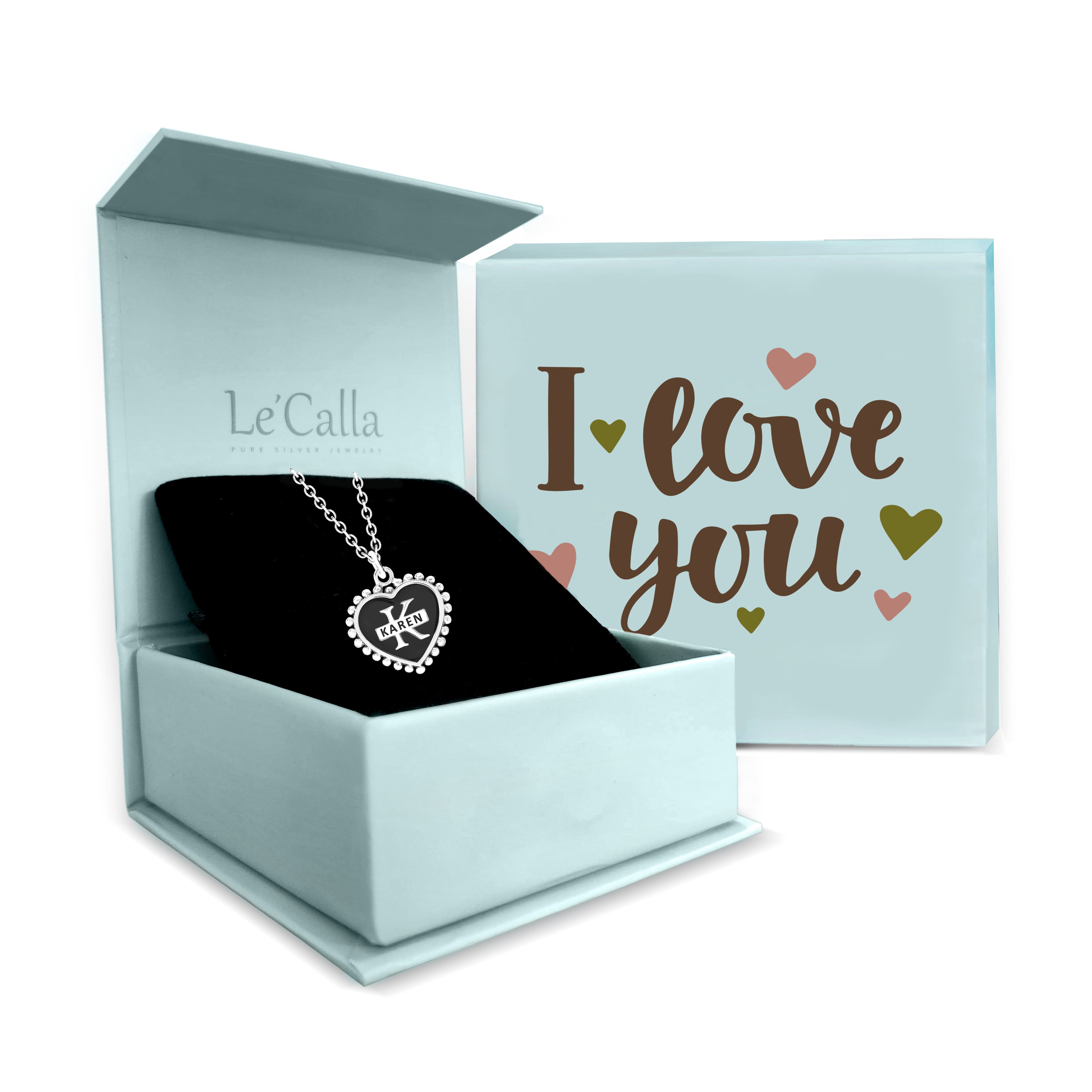 925 Sterling Silver Personalised Beaded Resin Heart Shape Custom Initial Granuals Transparent Pendant Necklace with Personalised Message BOX for Teen Women