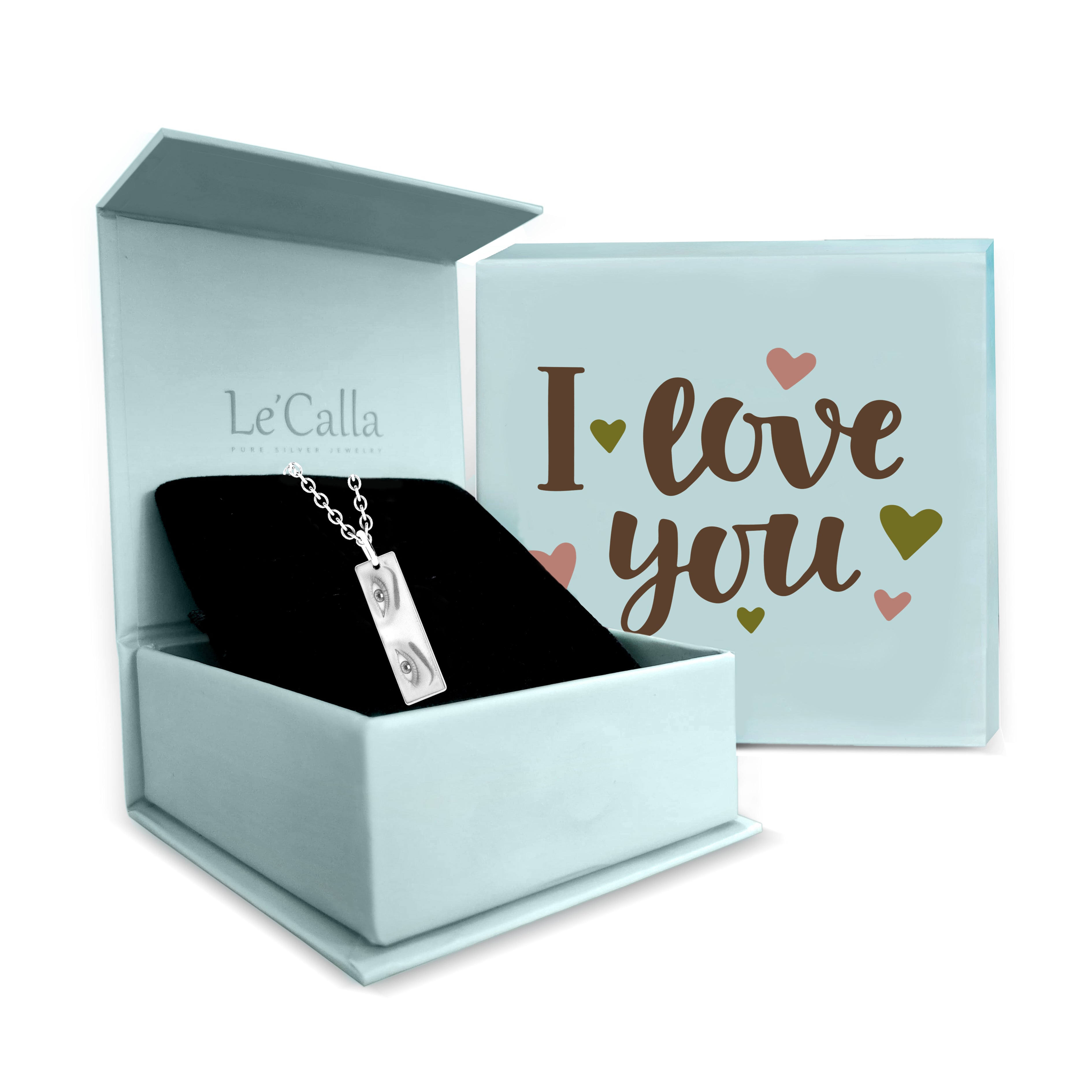 925 Sterling Silver Personalised Engraved Eyes Photo Bar Pendant Necklace with Personalised Message Box for Women