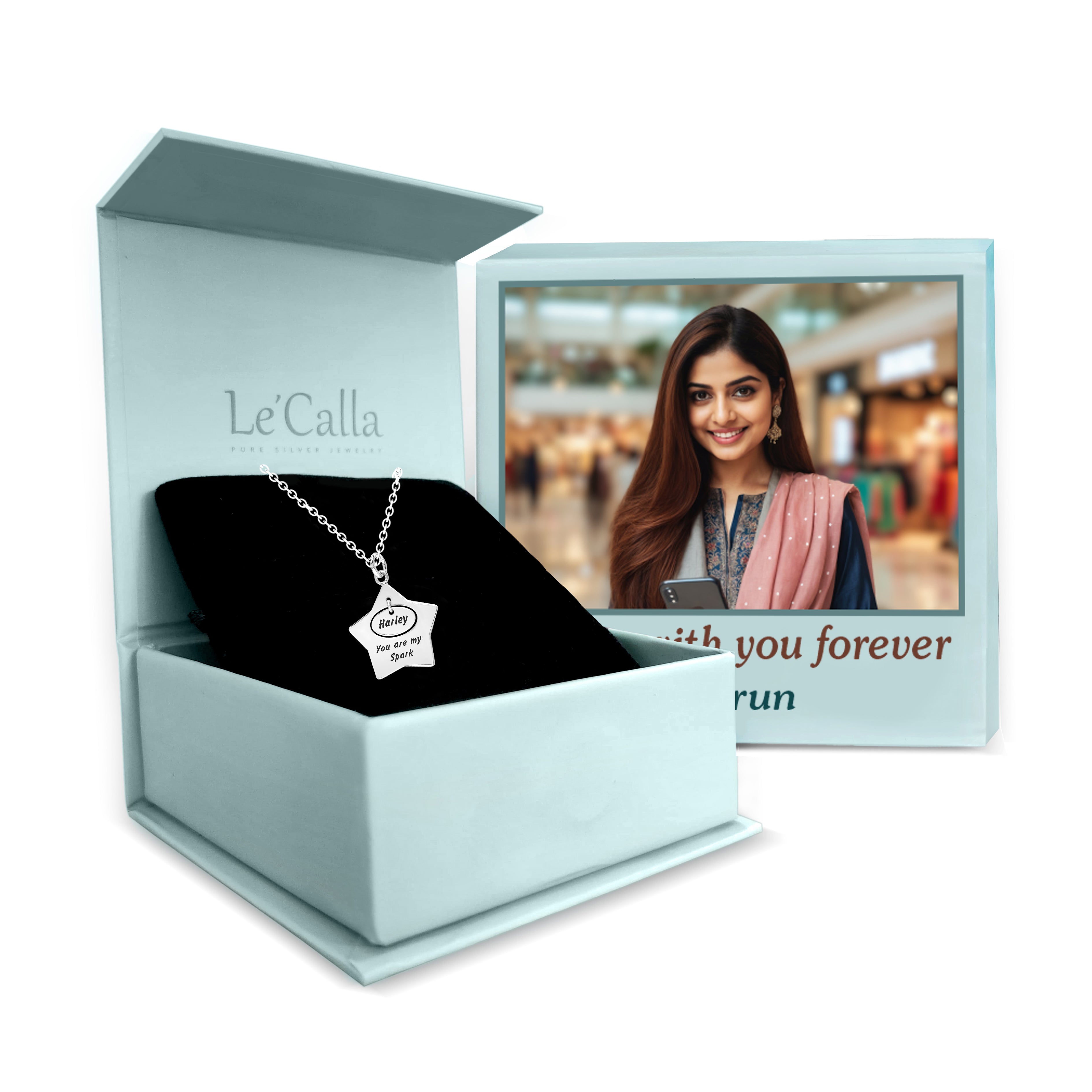 Personalised 925 Sterling Silver Engraved Name and Message Star Pendant Necklace with Personalised Photo & Message BOX for Women