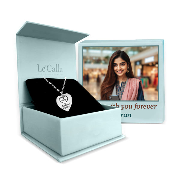 Personalised 925 Sterling Silver Engraved Name and Message Double Heart Pendant Necklace with Personalised Photo & Message BOX for Women