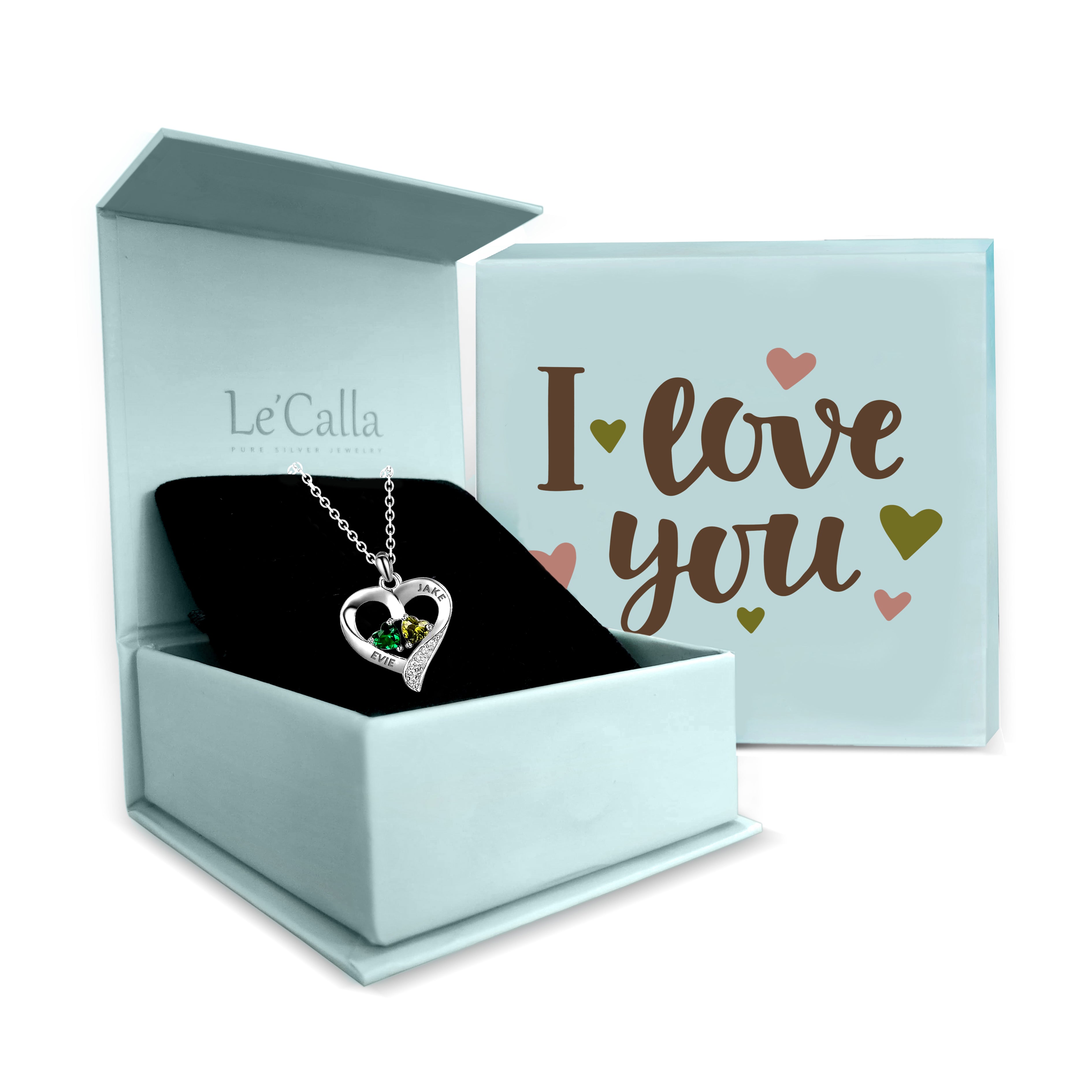 Personalised 2 Names with 2 Heart Birthstone Couple Pendant Necklace with Personalised Message Box for Women and Teen