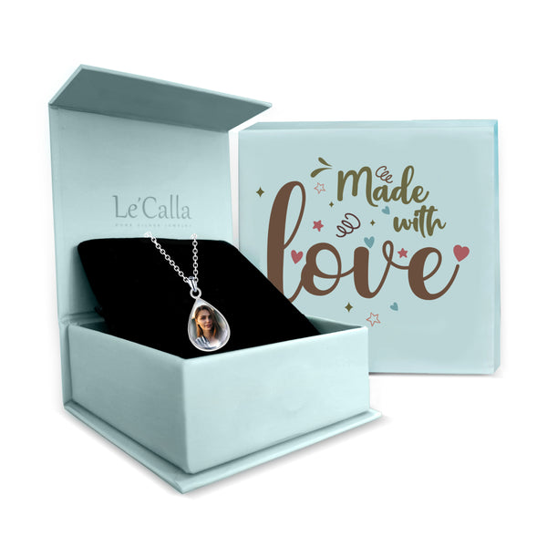 925 Sterling Silver Personalised Photo Double Sided Picture Drop Shape Transparent Resin Pendant Necklace with Personalised Message Box for Teen Women