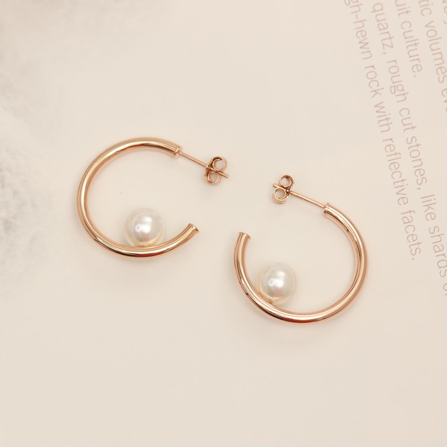 925 Sterling Silver Rose Gold Simulated Pearl C Hoop Earrings for Women