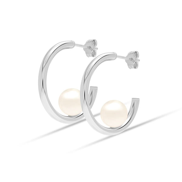 925 Sterling Silver Pearl C Hoop Earrings for Women