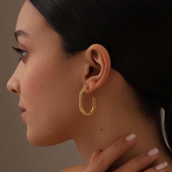 925 Sterling Silver 14K Gold Plated Medium Rectangular Beaded Half-Hoop Earrings For Women