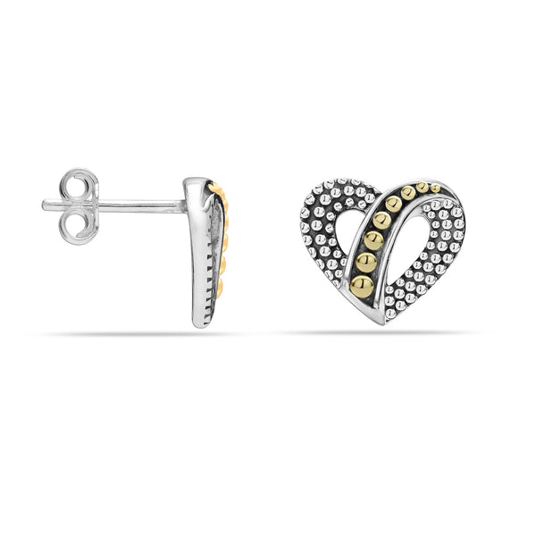 925 Sterling Silver Two-Tone Caviar Beaded Heart Stud Earring for Women Teen