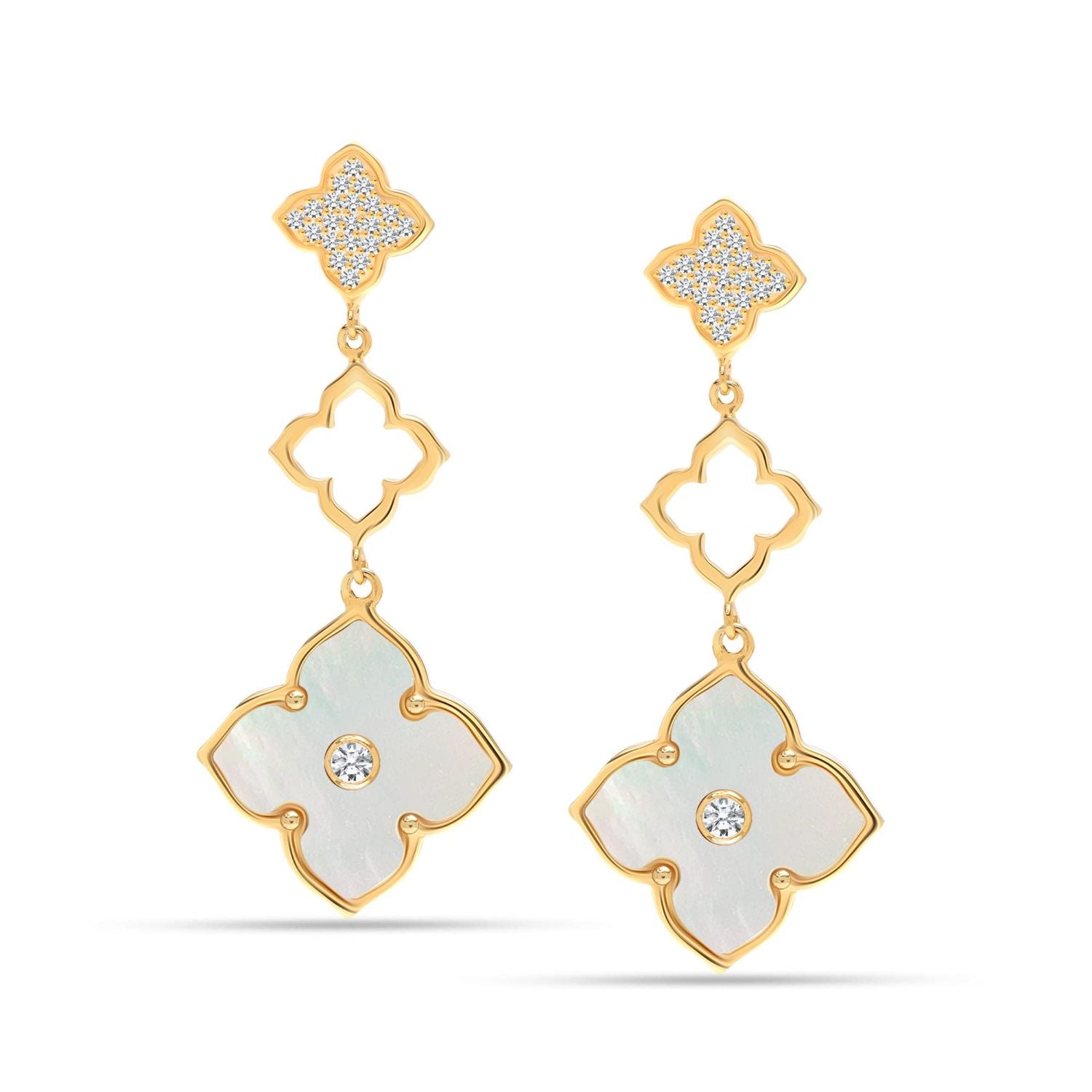 925 Sterling Silver 14K Gold-Plated Mother of Pearl CZ Three Clover Flower Drop Dangle Earrings for Women Teen