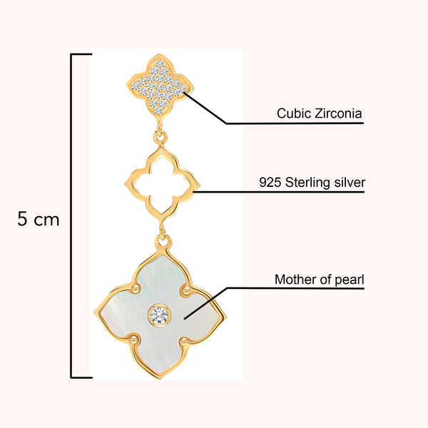 925 Sterling Silver 14K Gold-Plated Mother of Pearl CZ Three Clover Flower Drop Dangle Earrings for Women Teen