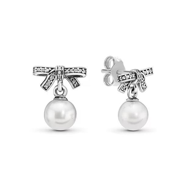 925 Sterling Silver CZ Antique Sweet Bowknot Lightweight Freshwater Pearl Bow Shaped Drop Stud Earrings for Women