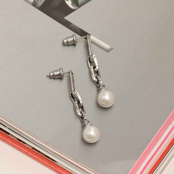 925 Sterling Silver Link CZ Pearl Drop Earrings for Women and Girls