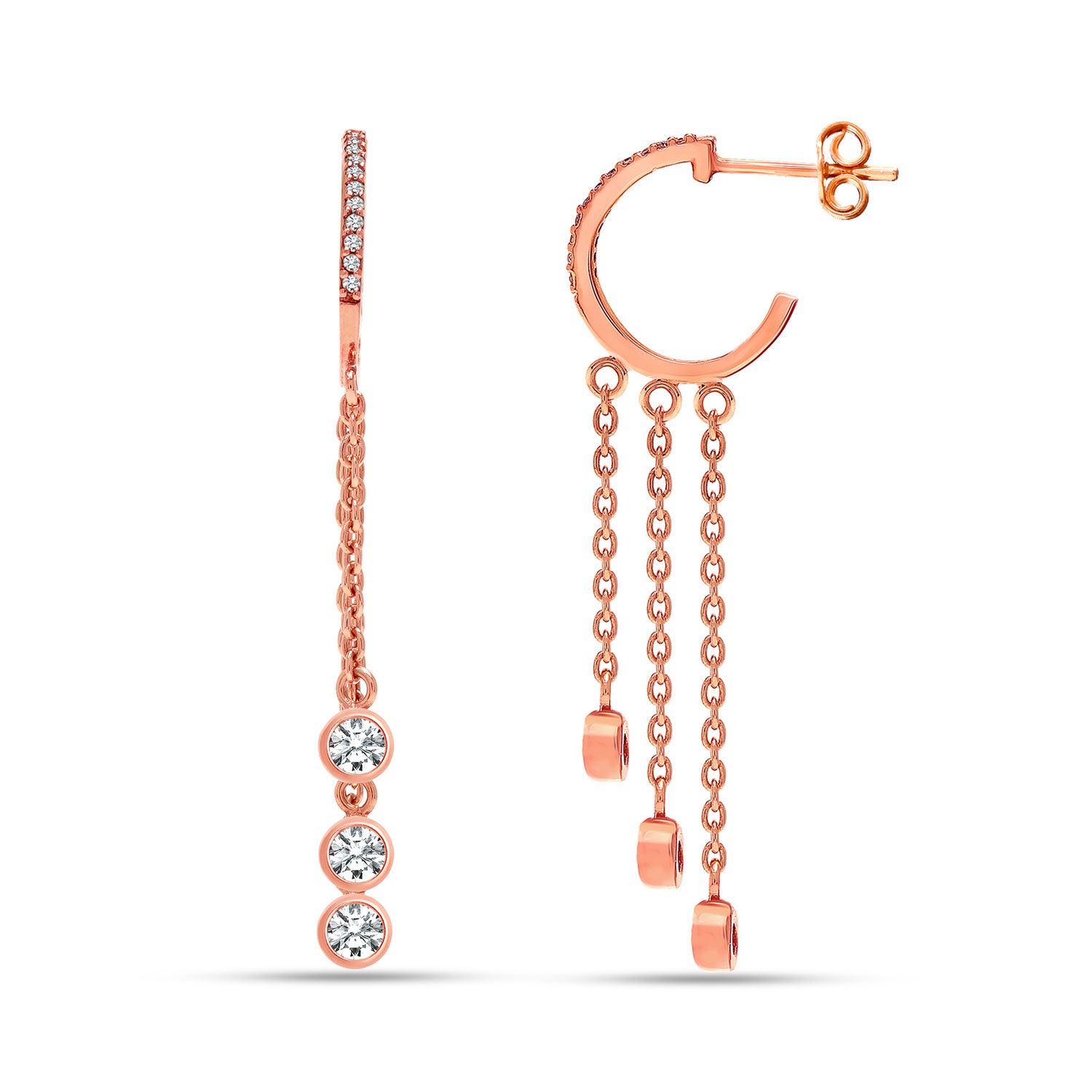 925 Sterling Silver 14K Rose-Gold Plated CZ Tassel Long Drop Dangle Earring for Women