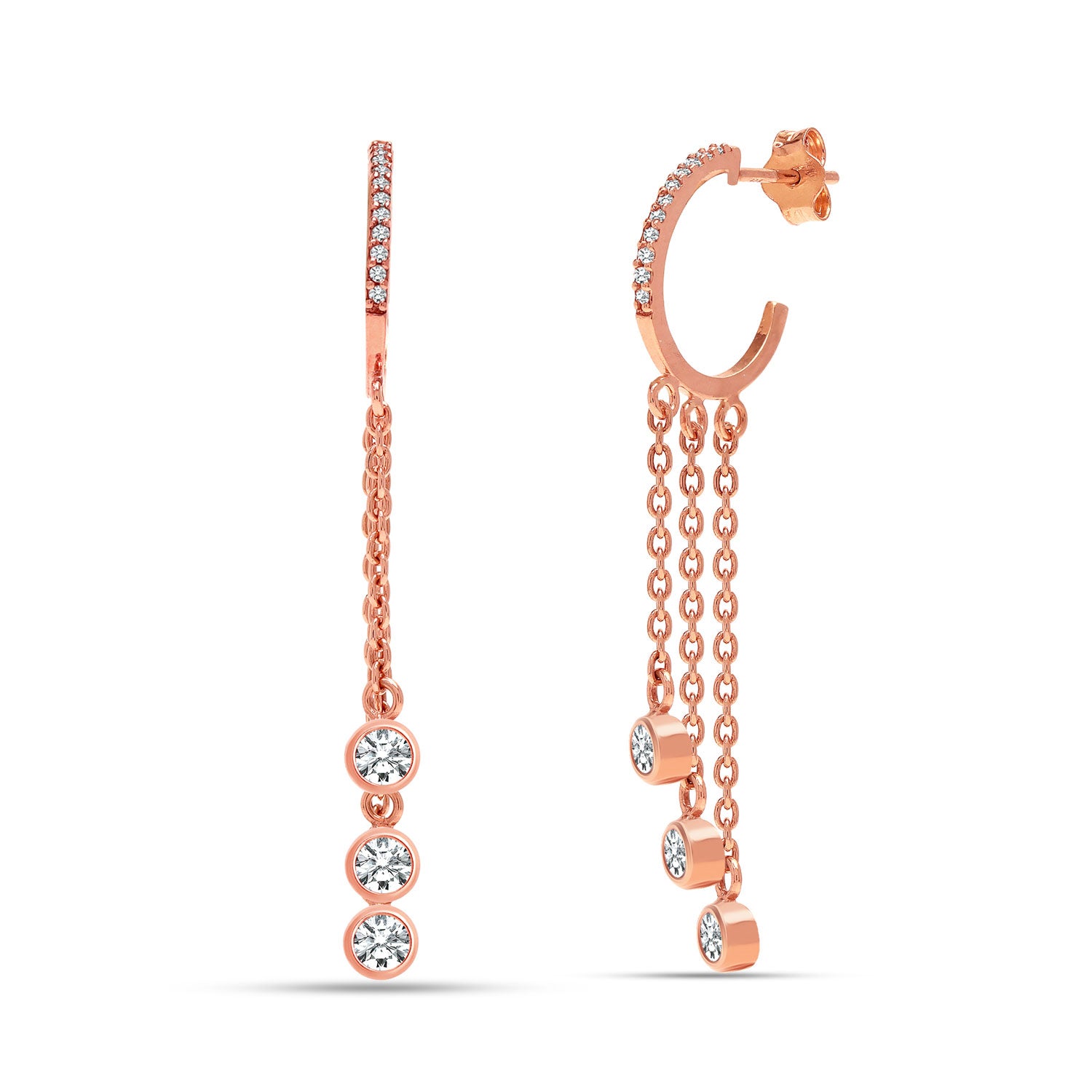 925 Sterling Silver 14K Rose-Gold Plated CZ Tassel Long Drop Dangle Earring for Women