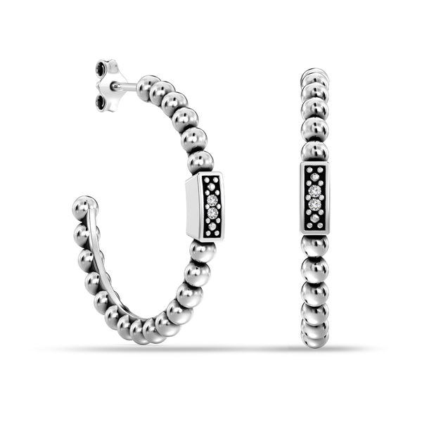 925 Sterling Silver Lightweight Italian Design 0.03 Carat Diamond Caviar Beaded C Hoop Earrings for Women