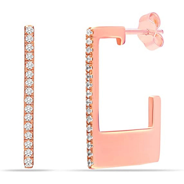 925 Sterling Silver Rose Gold-Plated Zirconia Rectangular J Hoop Earrings for Women