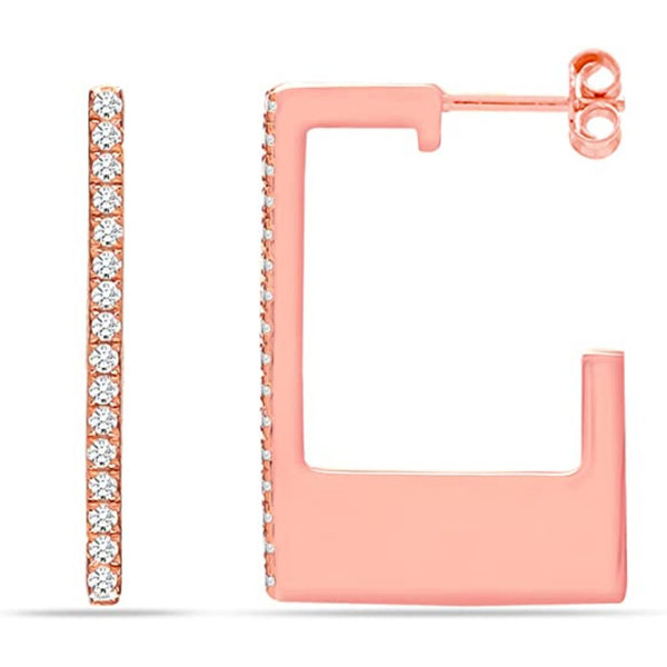 925 Sterling Silver Rose Gold-Plated Zirconia Rectangular J Hoop Earrings for Women