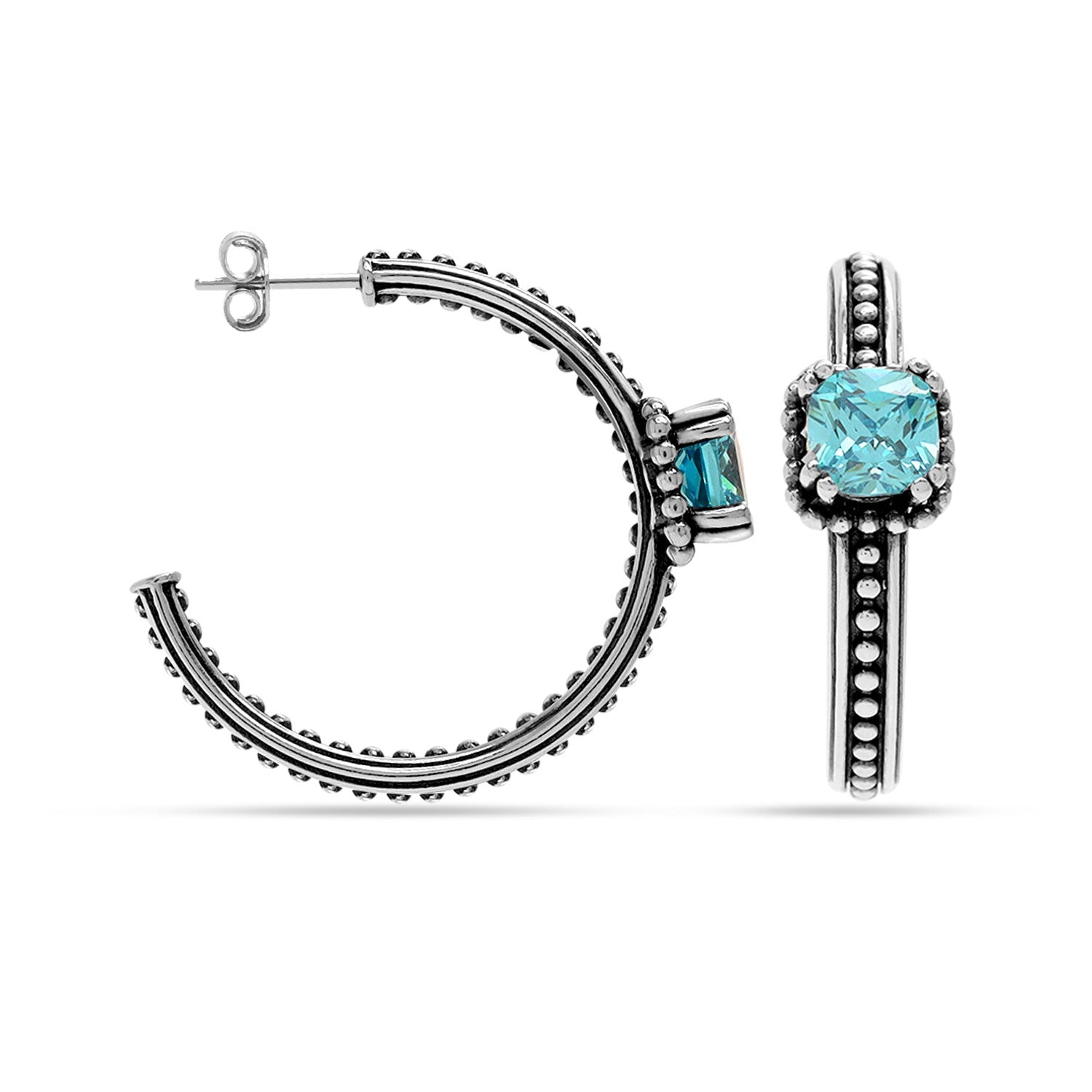 925 Sterling Silver Italian Design CZ Blue Topaz C Hoop Earrings for Women