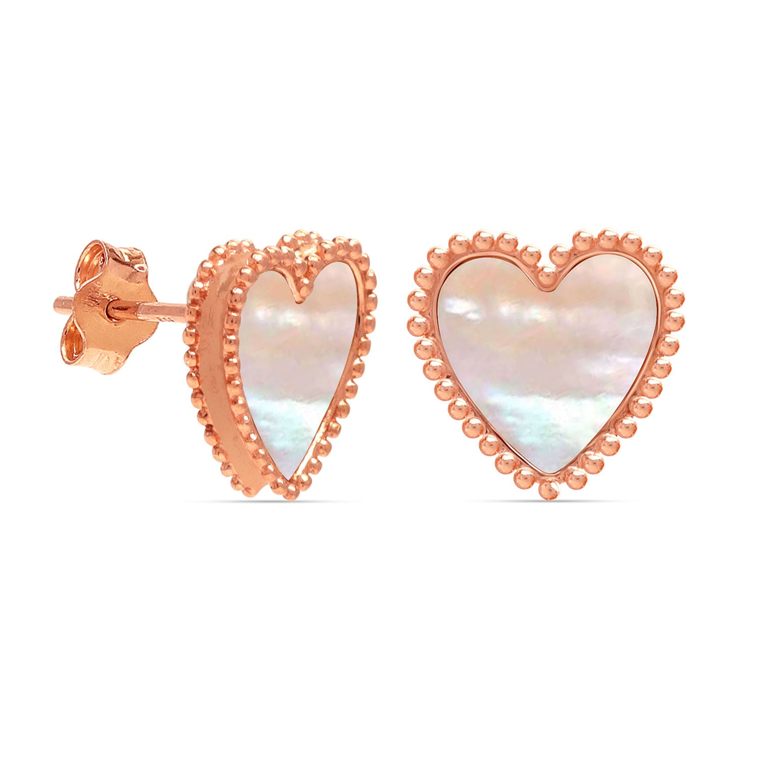 925 Sterling Silver 14K Rose-Gold Plated Mother of Pearl Heart Classic MOP Stud Earrings for Women Teen