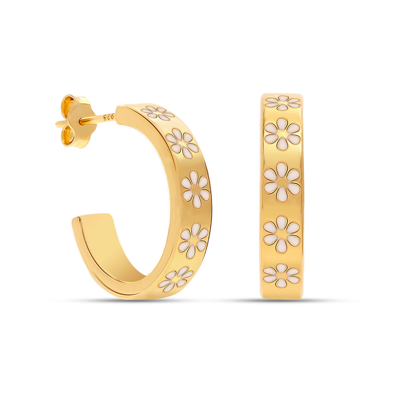 925 Sterling Silver 14K Gold Plated Chunky Retro Daisy Enamel Small Hoop Earrings for Women