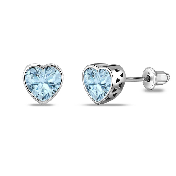 925 Sterling Silver Rhodium Plated Cubic Zirconia Heart Shape Small Screw Back Stud Earrings for Kids and Girls