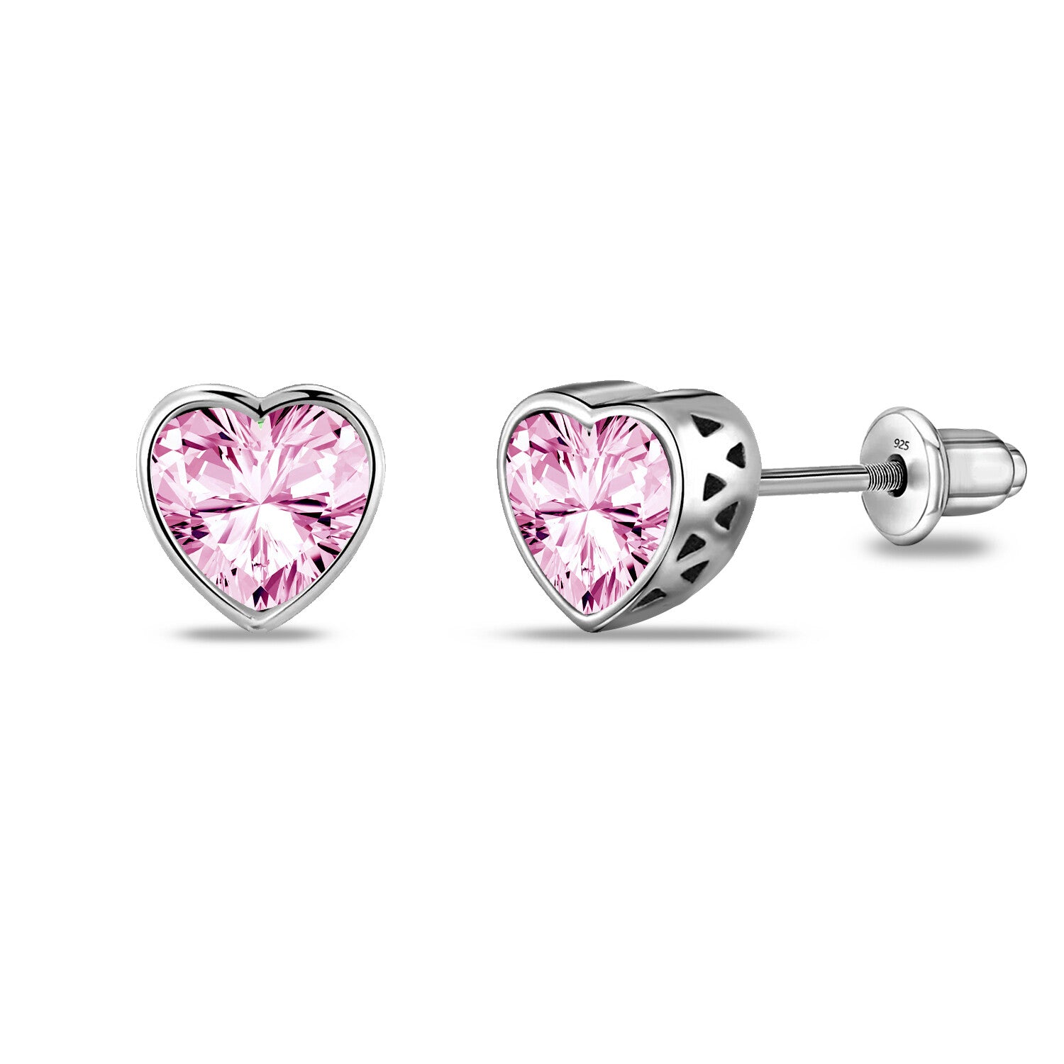 925 Sterling Silver Rhodium Plated Cubic Zirconia Heart Shape Small Screw Back Stud Earrings for Kids and Girls