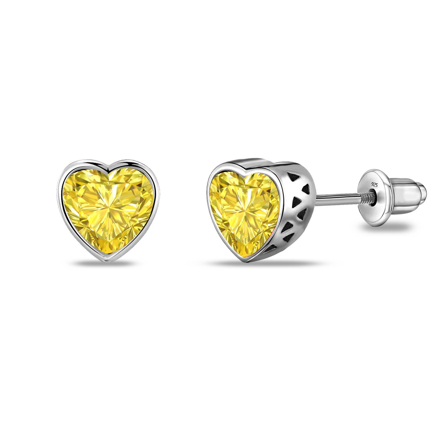 925 Sterling Silver Rhodium Plated Cubic Zirconia Heart Shape Small Screw Back Stud Earrings for Kids and Girls