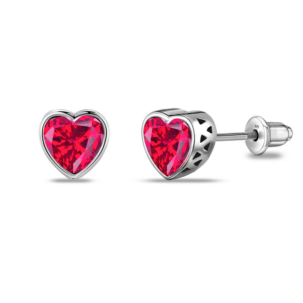 925 Sterling Silver Rhodium Plated Cubic Zirconia Heart Shape Small Screw Back Stud Earrings for Kids and Girls