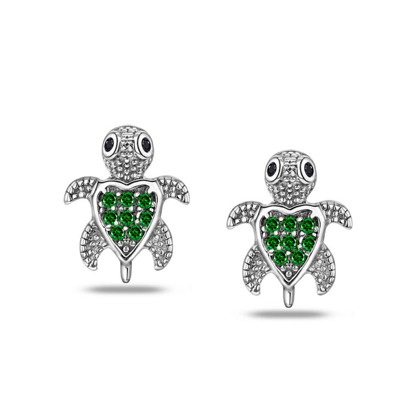 925 Sterling Silver Rhodium Plated CZ Nano Black Sea Turtle Small Stud Earrings for Kids and Girls