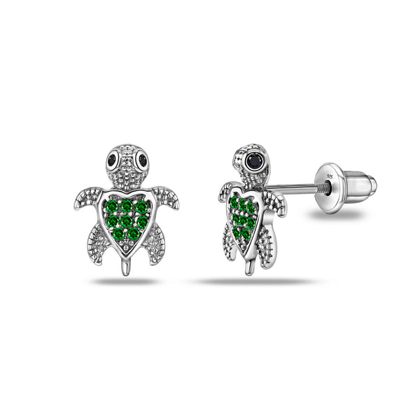 925 Sterling Silver Rhodium Plated CZ Nano Black Sea Turtle Small Stud Earrings for Kids and Girls