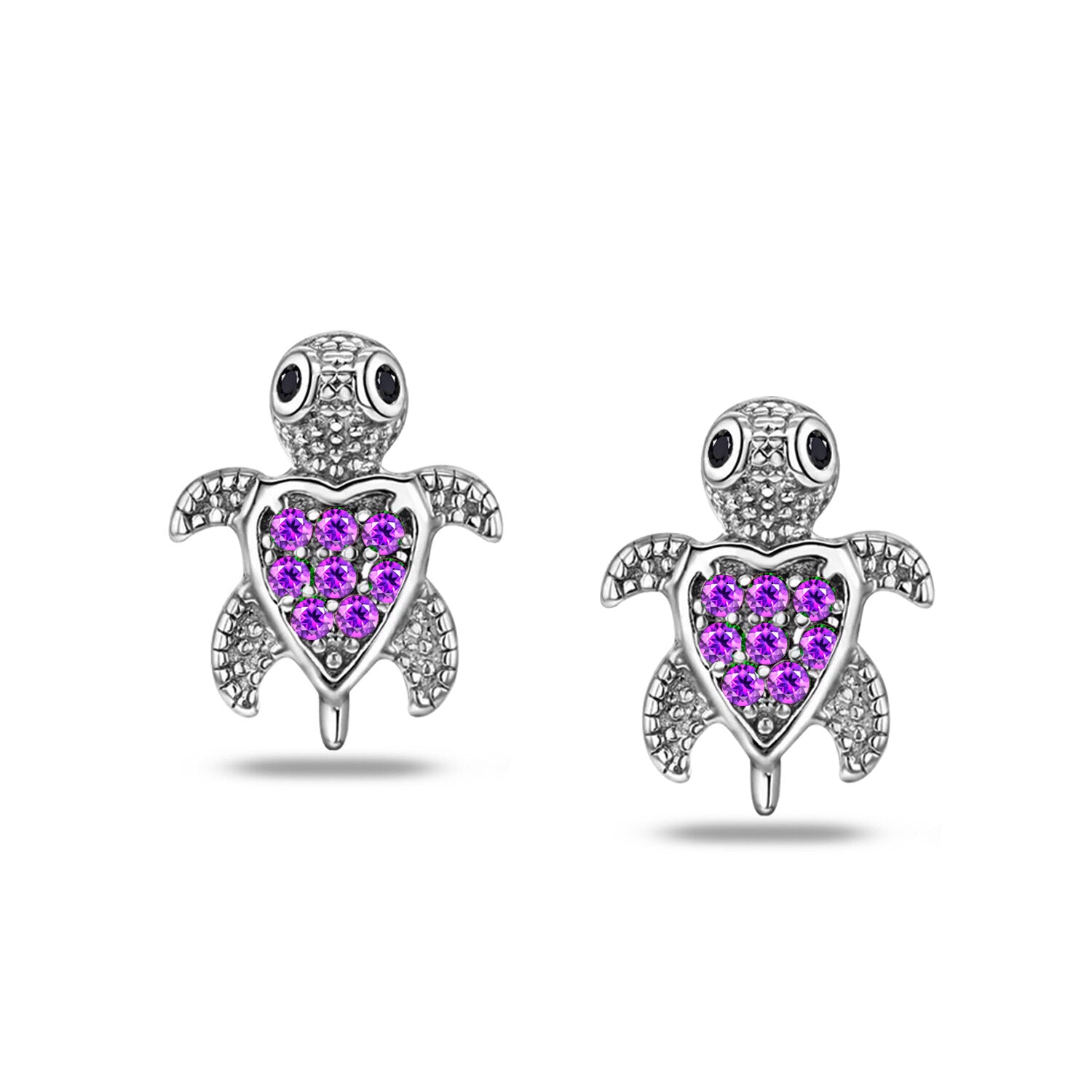 925 Sterling Silver Rhodium Plated CZ Nano Black Sea Turtle Small Stud Earrings for Kids and Girls