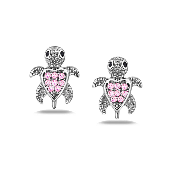 925 Sterling Silver Rhodium Plated CZ Nano Black Sea Turtle Small Stud Earrings for Kids and Girls