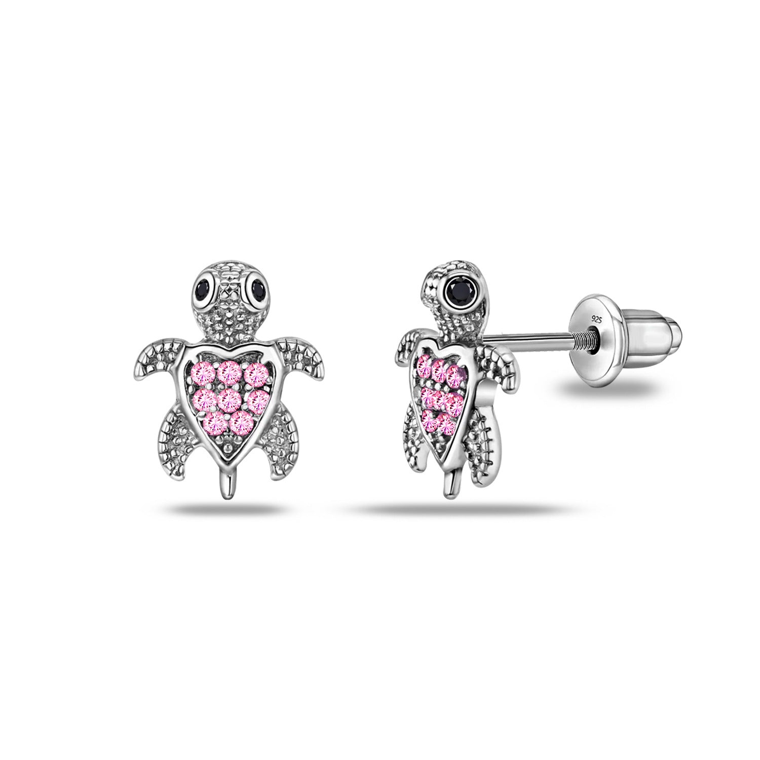 925 Sterling Silver Rhodium Plated CZ Nano Black Sea Turtle Small Stud Earrings for Kids and Girls