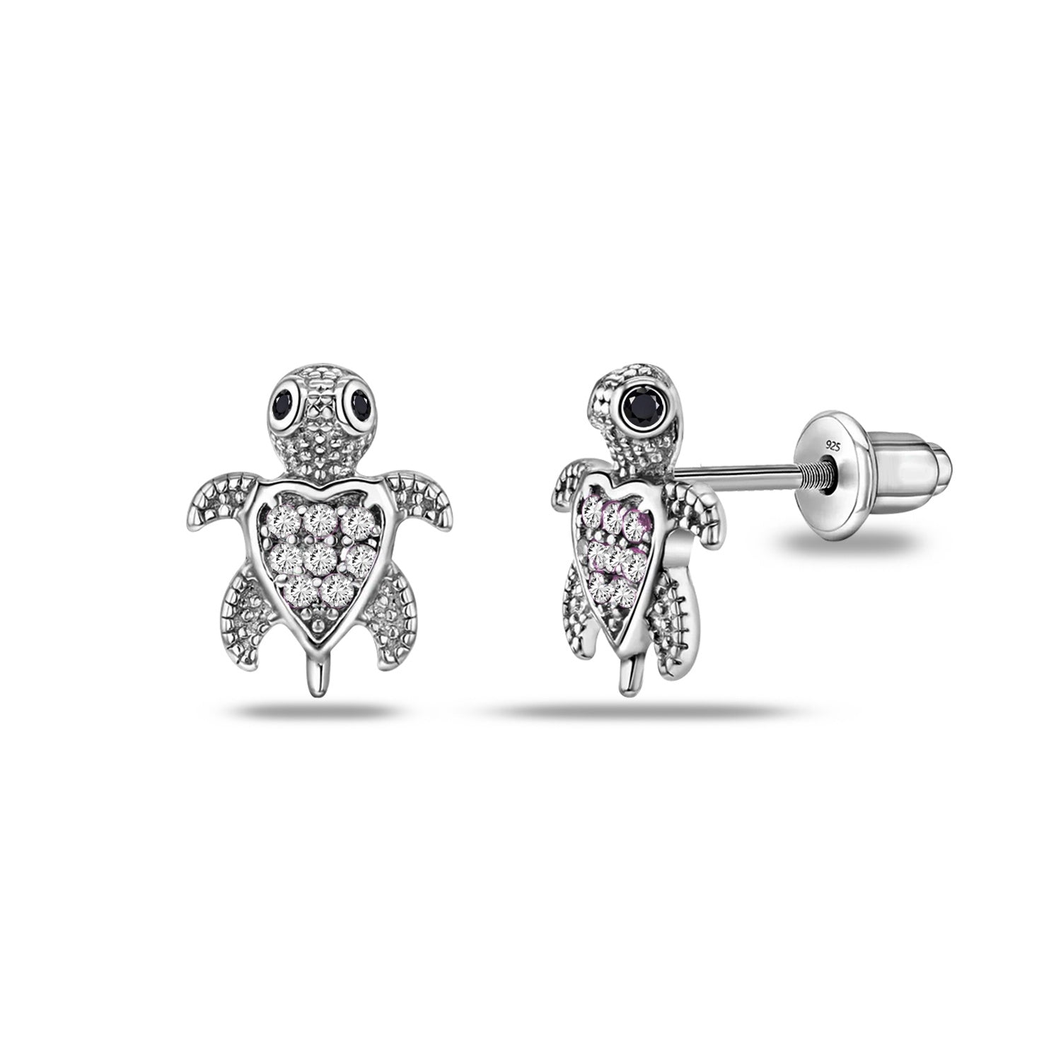 925 Sterling Silver Rhodium Plated CZ Nano Black Sea Turtle Small Stud Earrings for Kids and Girls