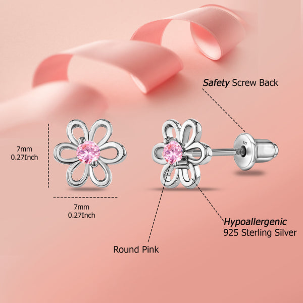 925 Sterling Silver Rhodium Plated Cubic Zirconia Flower Shape Small Stud Earrings for Kids and Girls