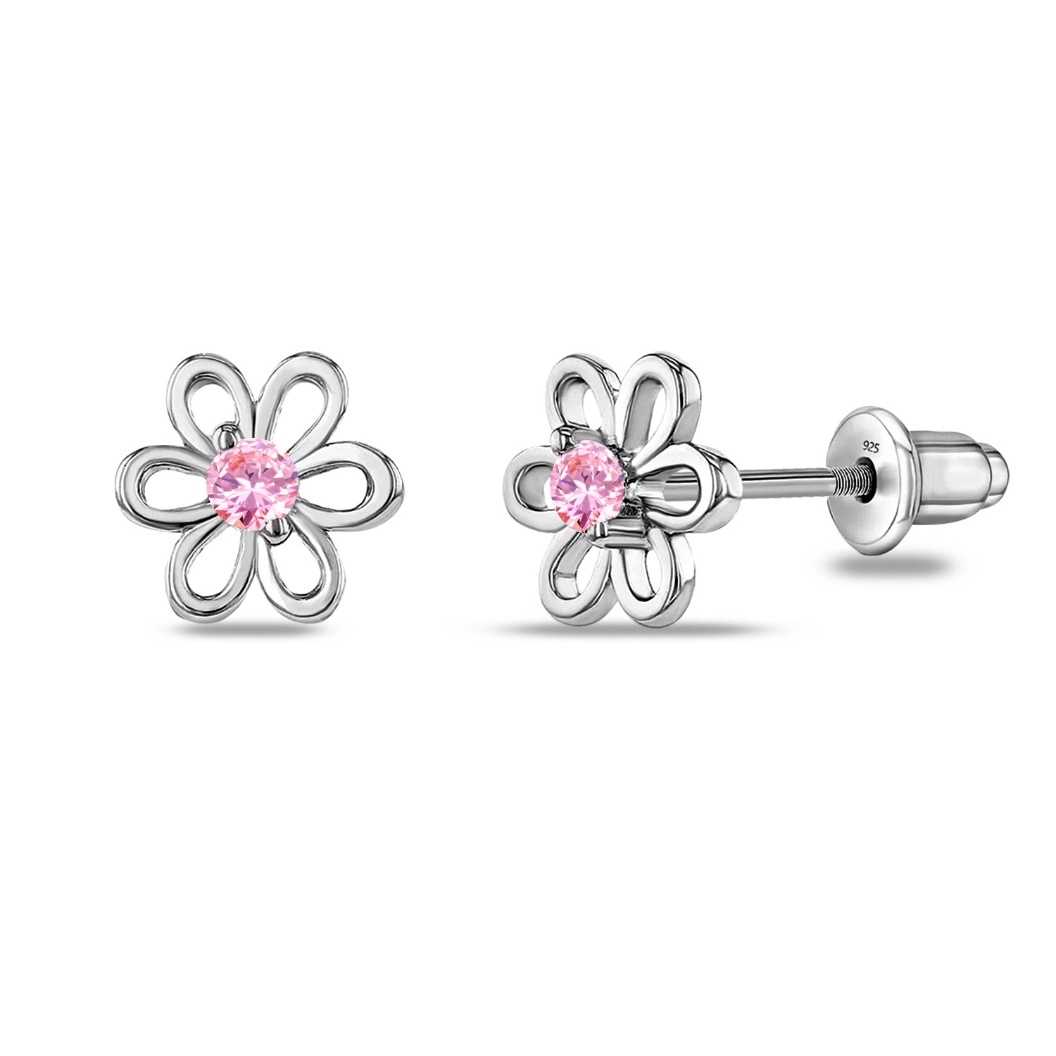 925 Sterling Silver Rhodium Plated Cubic Zirconia Flower Shape Small Stud Earrings for Kids and Girls