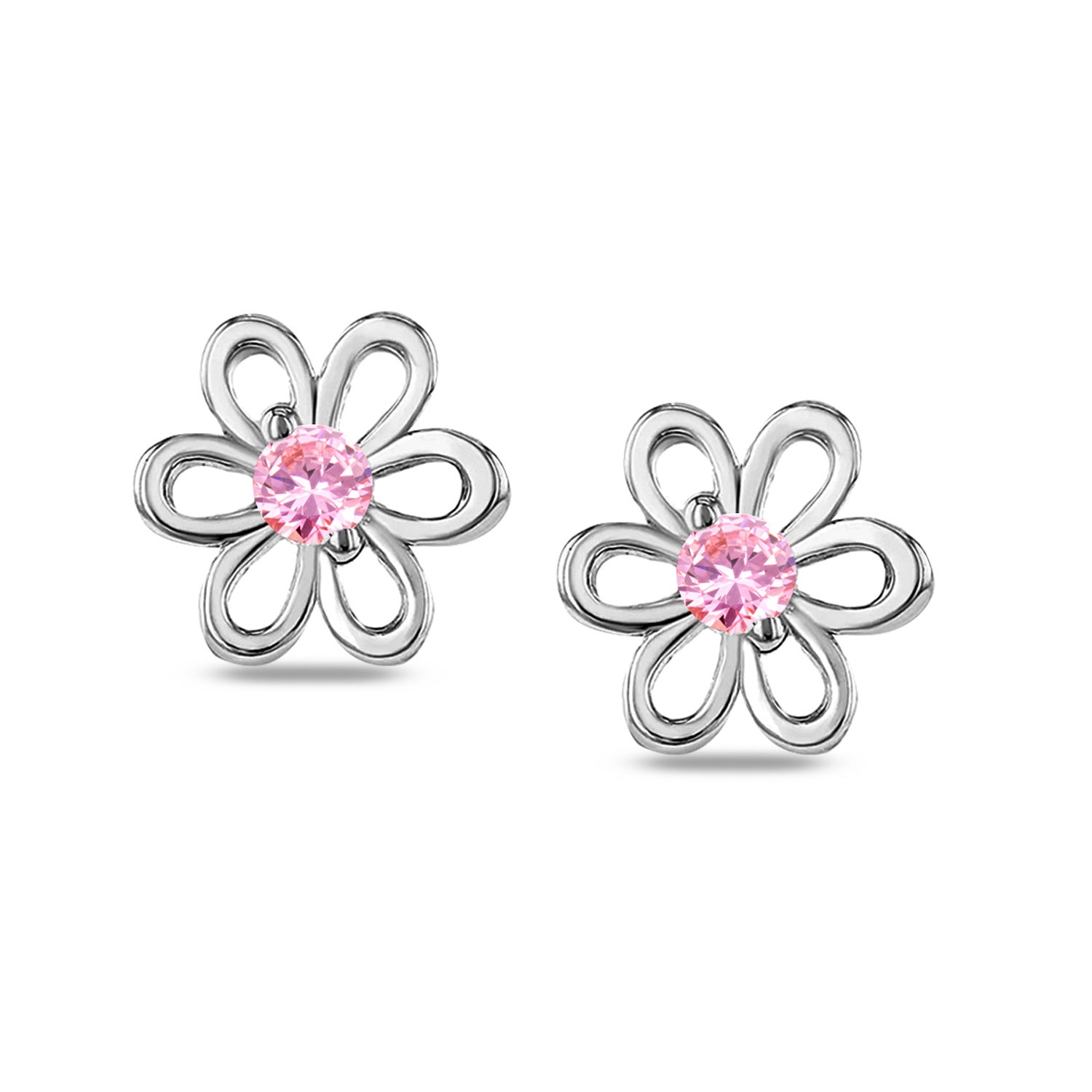 925 Sterling Silver Rhodium Plated Cubic Zirconia Flower Shape Small Stud Earrings for Kids and Girls